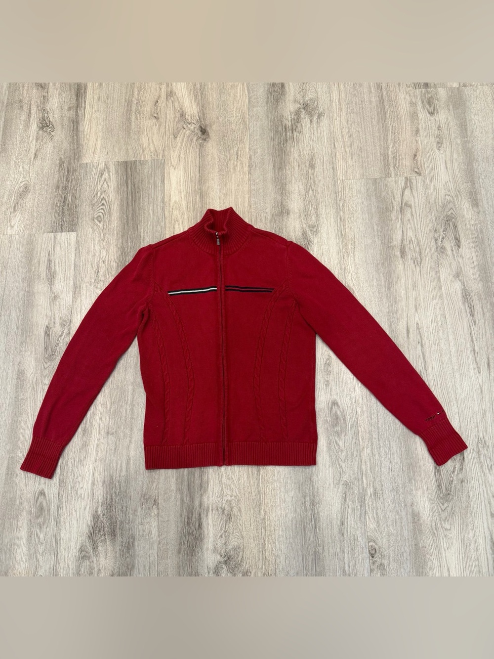 Tommy Hilfiger Red Full Zip Cotton Cable Knit Sweater Jacket Size Small‎